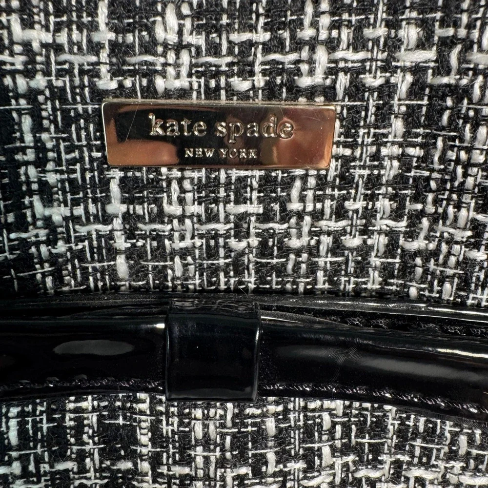 Kate Spade New York Black White Tweed Patent Bow Satchel Shoulder Bag PXRU3909